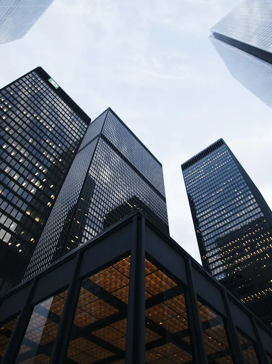Financial district office towers seen from below