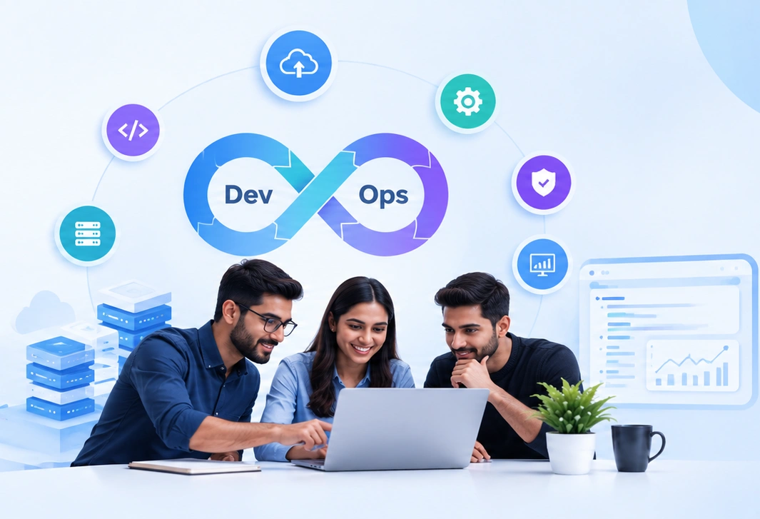 A DevOps team reviewing delivery pipelines around the DevOps lifecycle loop